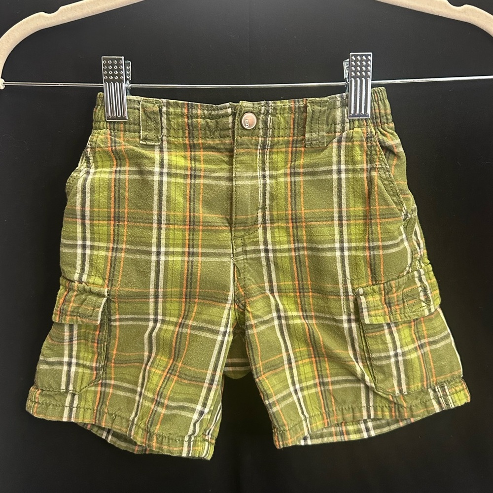 GYMBOREE Boys Shorts, size 2T. Green Plaid with white & orange accent stripes.